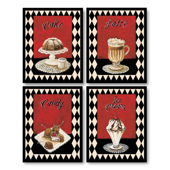 Desserts I Fun Retro Checkered Dessert Signs; Cake, Latte, Candy and Ice Cream; Four 8x10 Poster Prints
