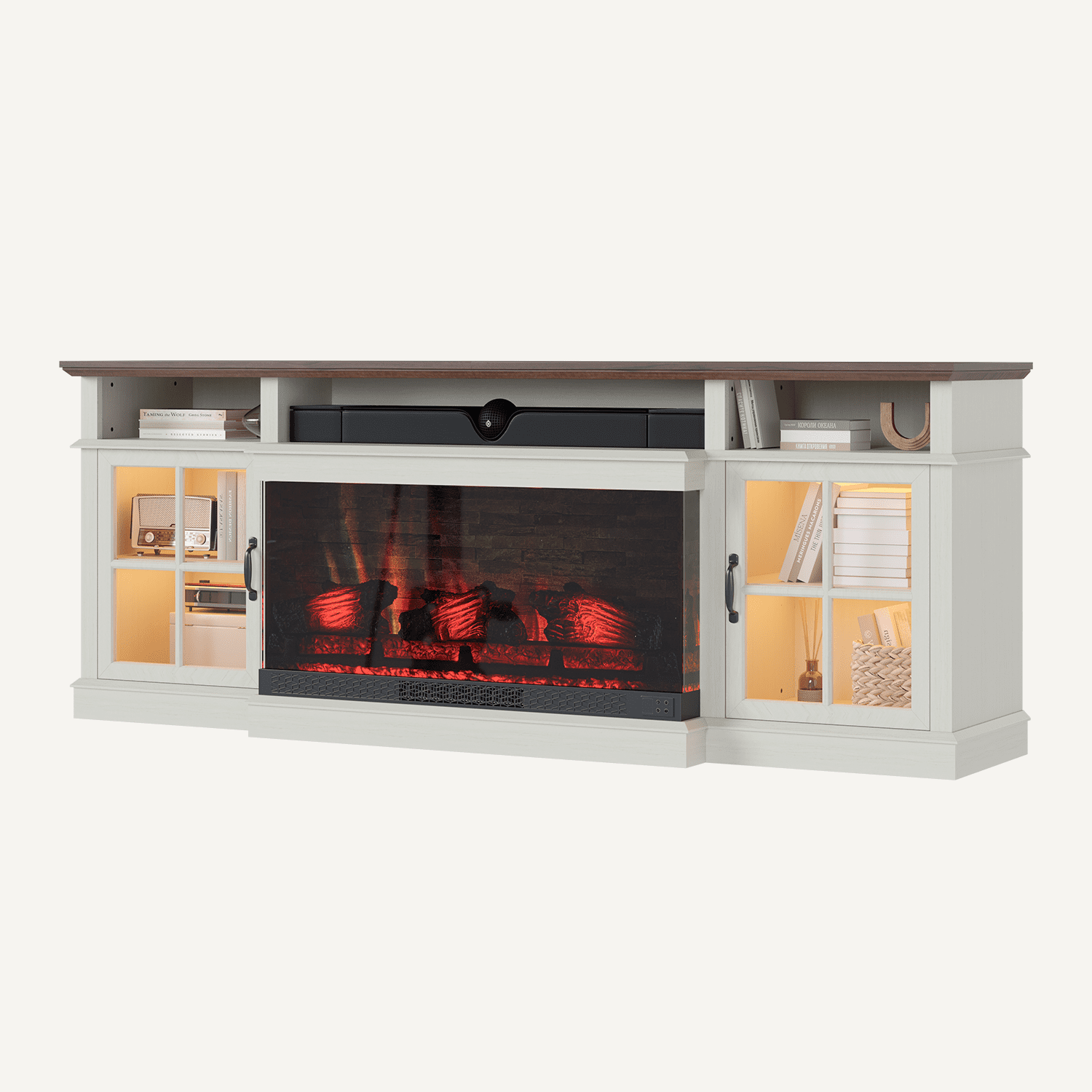BaPiPro 70" Farmhouse Fireplace TV Stand for TVs Up to 80", Entertainment Center with 3-Sided 36" Electric Fireplace & LED Lights, 2 Drawers & 2 Storage Cabinet, White