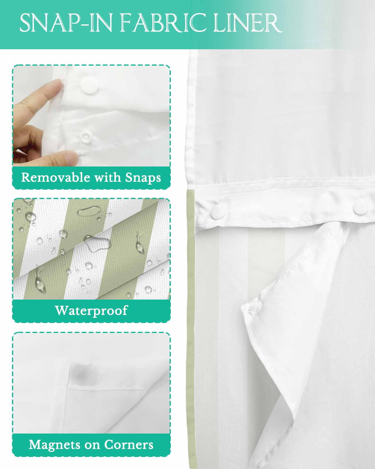 No Hook Shower Curtain with Snap in Liner, Sage Green and White Striped Geometric Hotel Shower Curtains for Bathroom, Washable Shower Curtain Liner Set with Mesh Top Window, 54"x78"