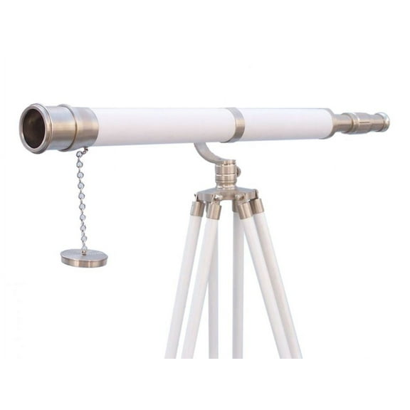 Floor Standing Brushed Nickel With White Leather Galileo Telescope 65" - Marine Telescope - Nautical Telescope