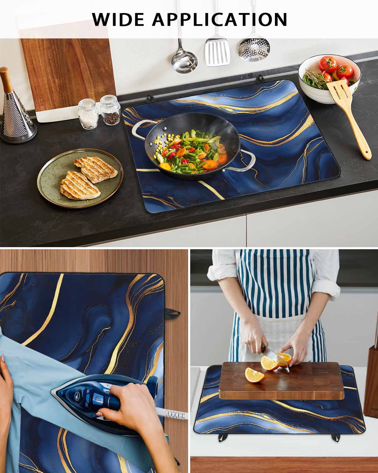 nqOlkjepod Large Induction Cooktop Protector Mat 24"x21", Marble Navy Blue Stove Top Covers for Electric Stove, Modern Golden Ombre Retro Art Stove Burner Cover Mats, Glass Top Stove Cover