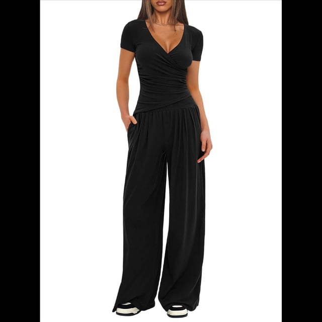 Conjuntos de 2 Piezas para Mujer para Estar en Casa en Otoño, Camisetas con Cuello Redondo y Pantalones Anchos, Conjuntos Casuales A Juego. Negro M