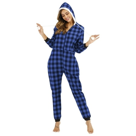 

Women s Hooded Christmas Pajamas Plaid Zip Up Long Sleeve One Piece Jumpsuit Casual Onesie Sleepwear Romper