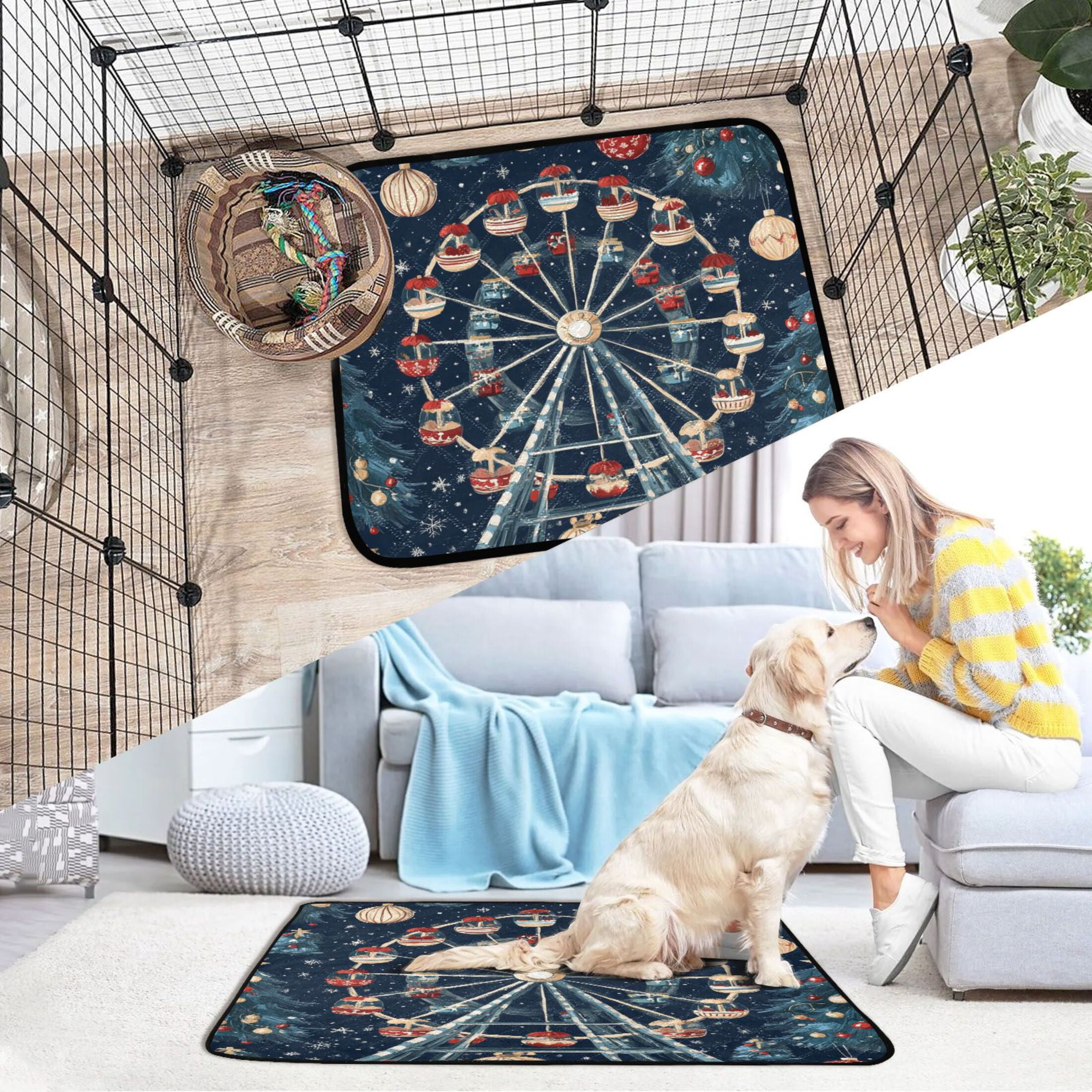 Qxltty Christmas Decorated Ferris Wheel Cat litter Pads Pet Set of 3 Diaper Mats Center Anti-leakage Layer Absorbent Soft and Comfortable