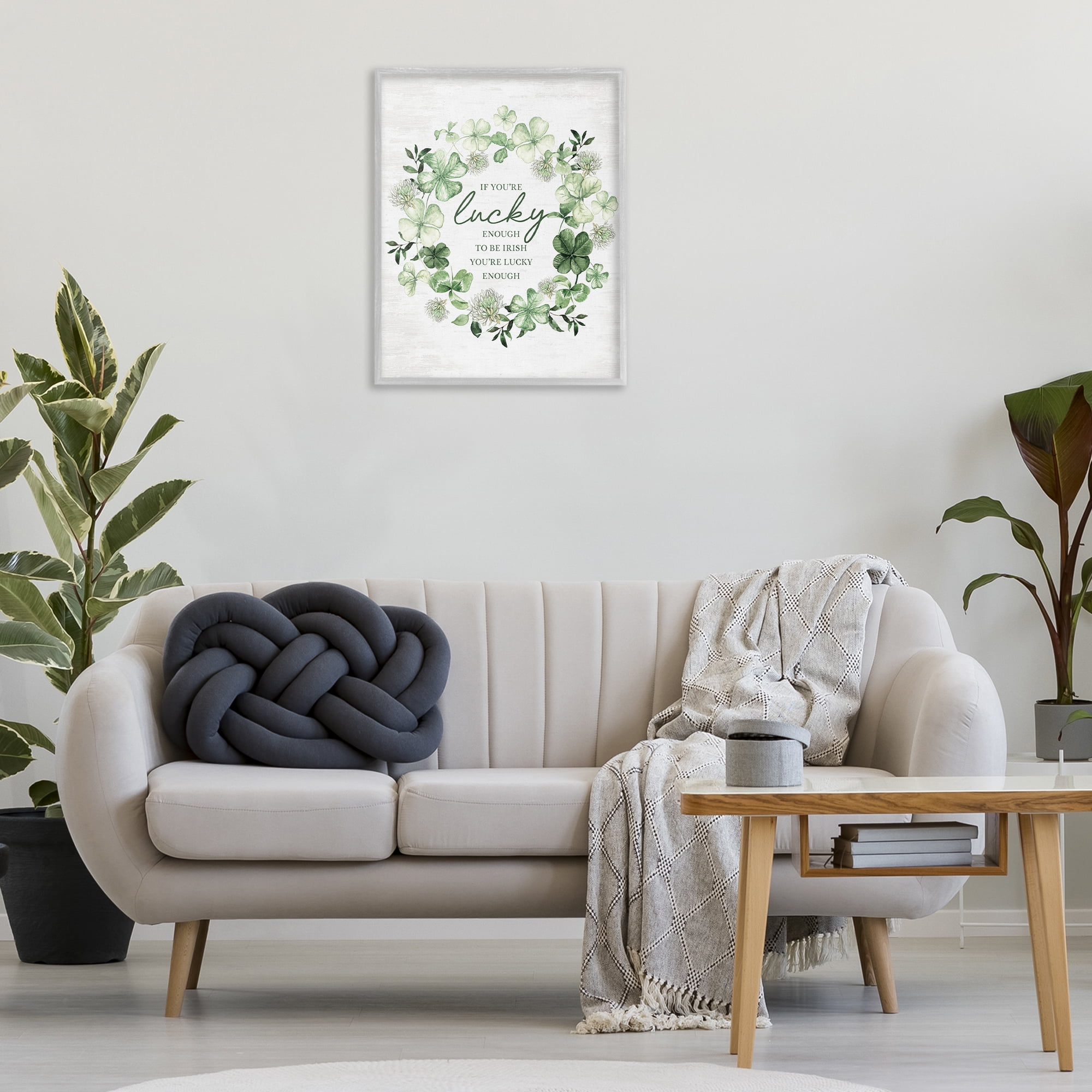 Stupell Industries Inspiring Lucky Wreath Botanical & Floral Painting Gray Framed Art Print Wall Art, 24 x 30
