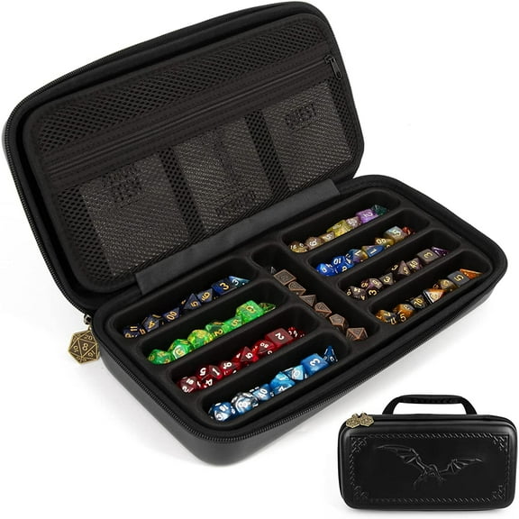 CASEMATIX Dice Box and Card Case for 9 RPG Dice Sets, Spell Cards, and Accessories with Embossed Dragon Design