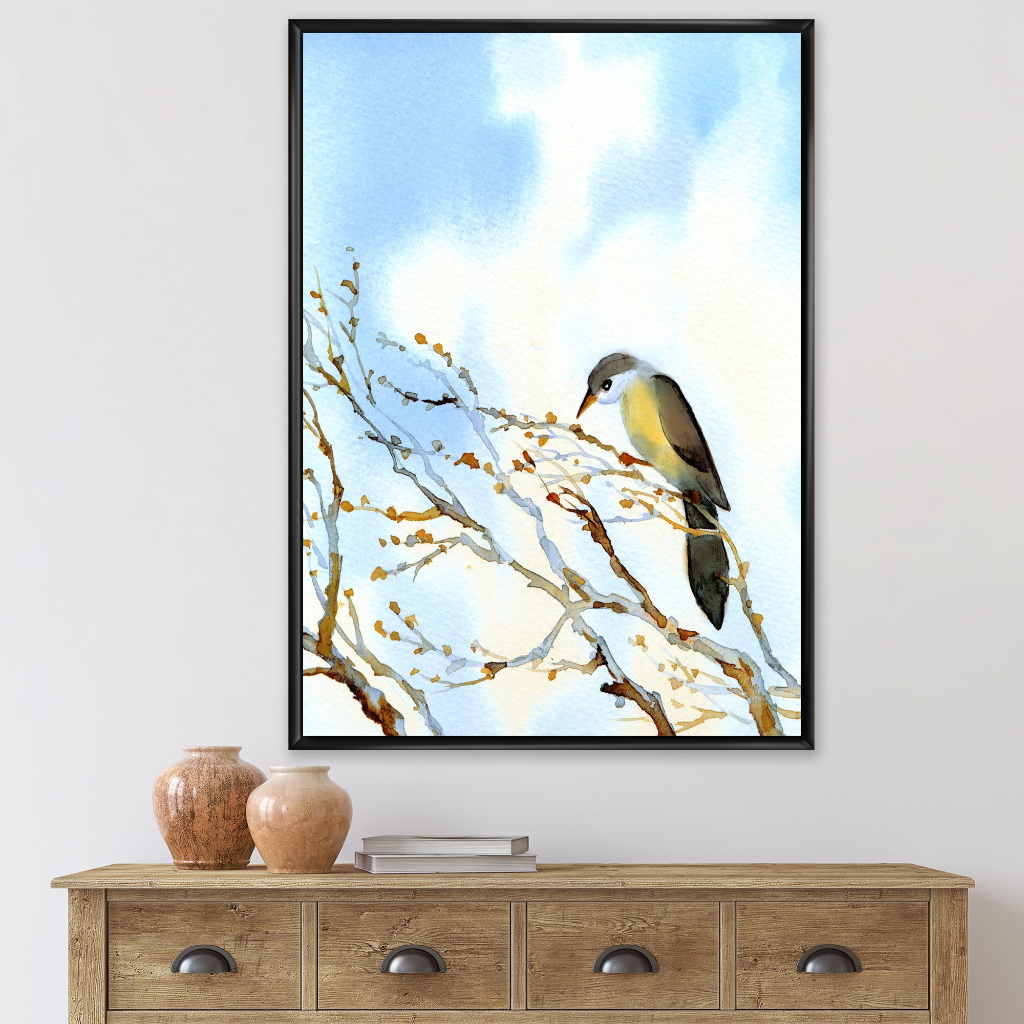Designart 'Old Bird Sitting On Tree' Traditional Framed Canvas Wall Art Print