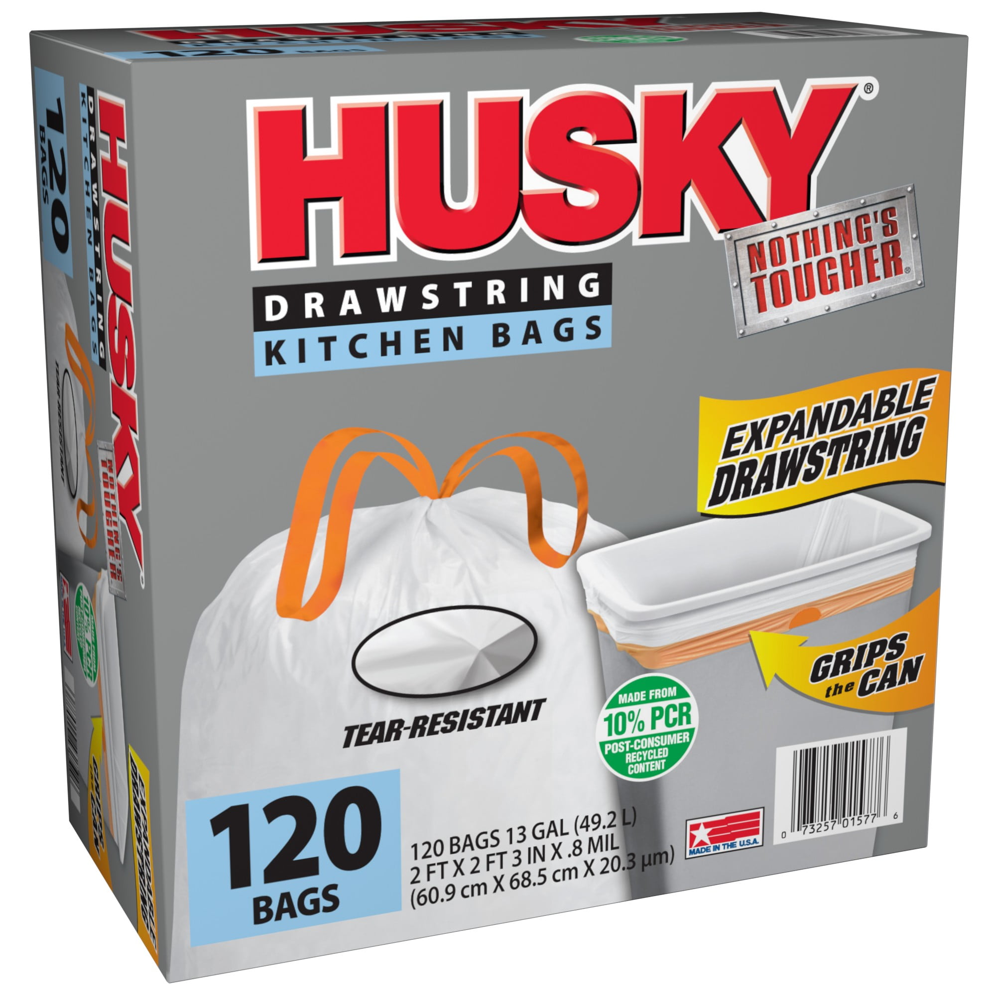 Husky Tall Kitchen White Trash Bags, 13 Gallon, 120 Bags (Expandable Drawstring, 10% PCR)