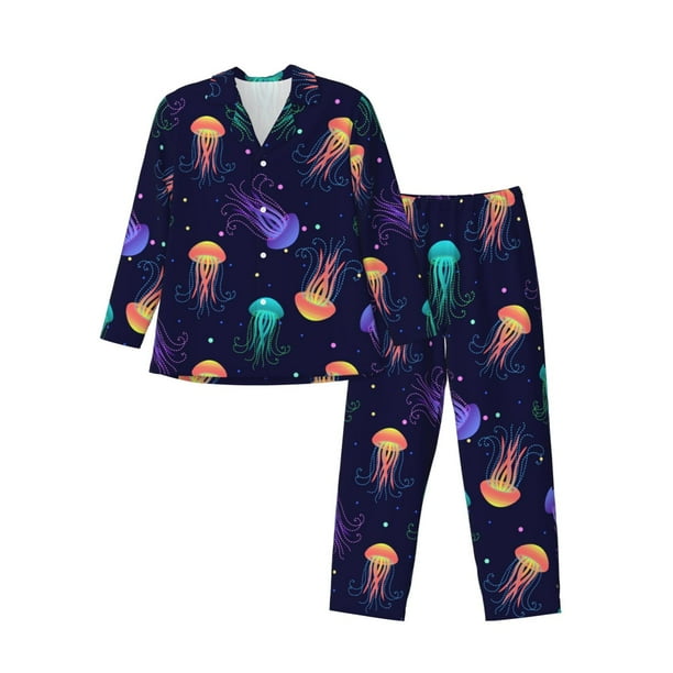 Balery Sea Jellyfish Pijama para Hombre de Dos Piezas con Manga Larga, Conjunto de Dormir y Descanso Suave con Bolsillos-Medium