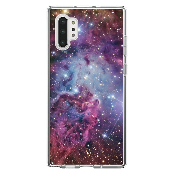 DistinctInk Clear Shockproof Hybrid Case for Galaxy Note 10 PLUS (6.8" Screen) - TPU Bumper, Acrylic Back, Tempered Glass Screen Protector - Pink Purple Blue Fox Fur Nebula - Astronomy