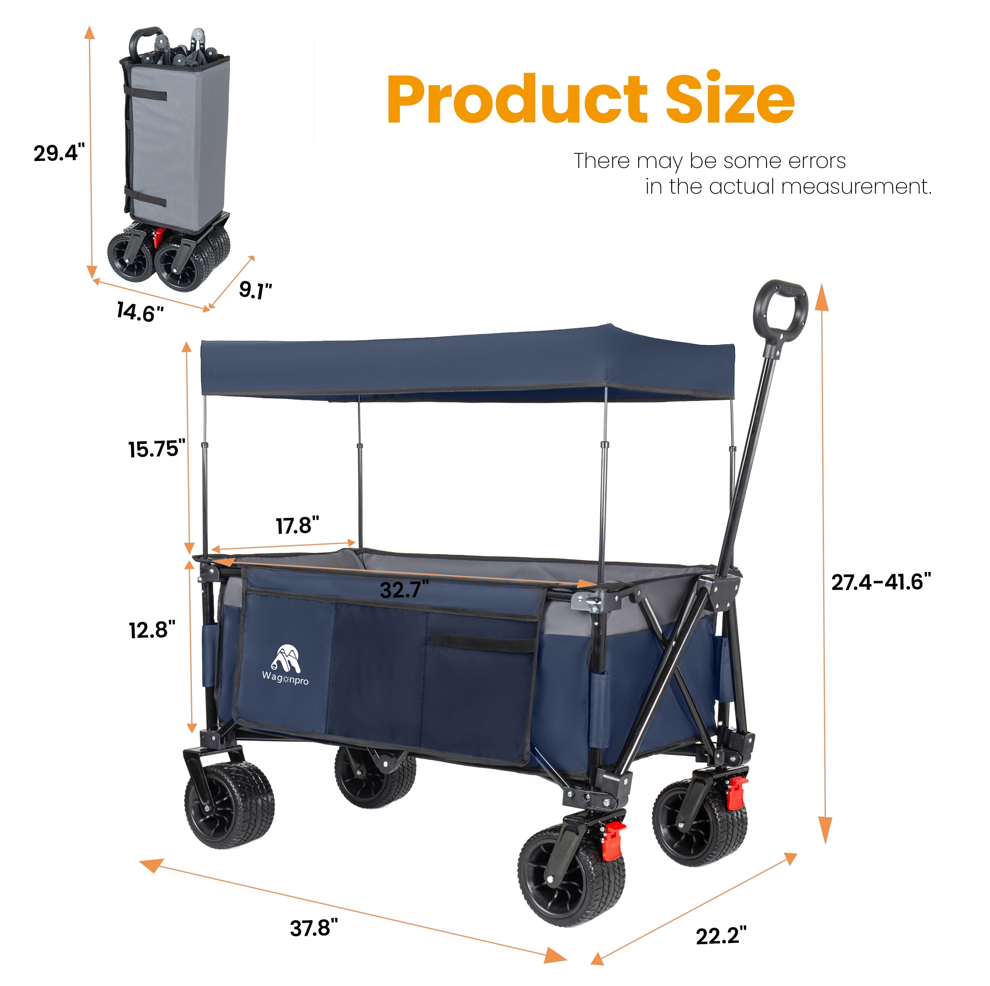 Foldable Utility Wagon with Removable Awning Canopy, 120L Large Capacity 480 LBS Heavy Duty Beach Cart, 7 Inch All-Terrain Brake Wheels Adjustable Handle for Camping Shopping Outdoor Activities