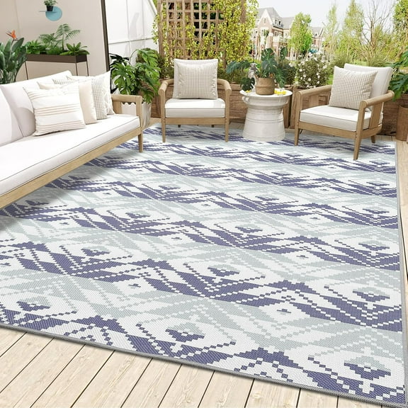 Homhougo 9x12 Indoor Outdoor Area Rug, Washable Non-Slip, Vintage Moroccan Geometric, Easy Clean Low Pile Carpet for Patio, Porch, Living Room, Blue & White