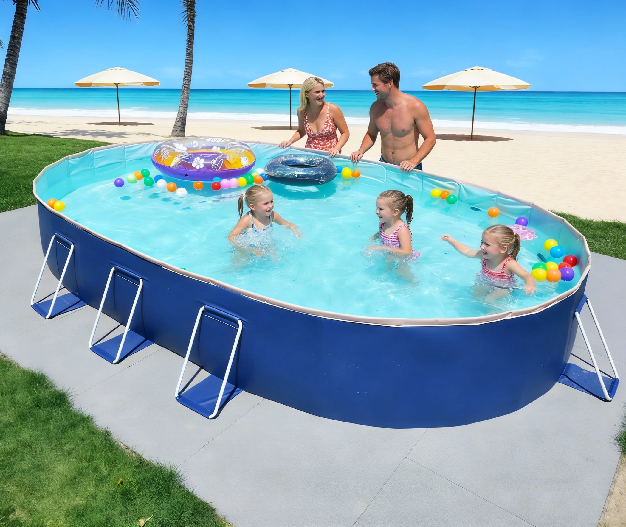 Hyindoor Outdoor Foldable Non-Inflatable Adults and Kids Swimming Pool Titanium Aluminum Support Steel Frame Anti-Slip for Lawn Garden Backyard（141" x 98" x 20"）