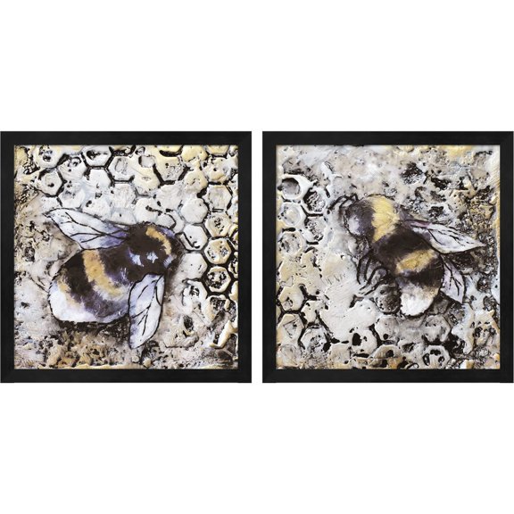 Great Art Now Worker Bees by Britt Hallowell, 2 Piece Framed Art Set Each 13"W x 13"H