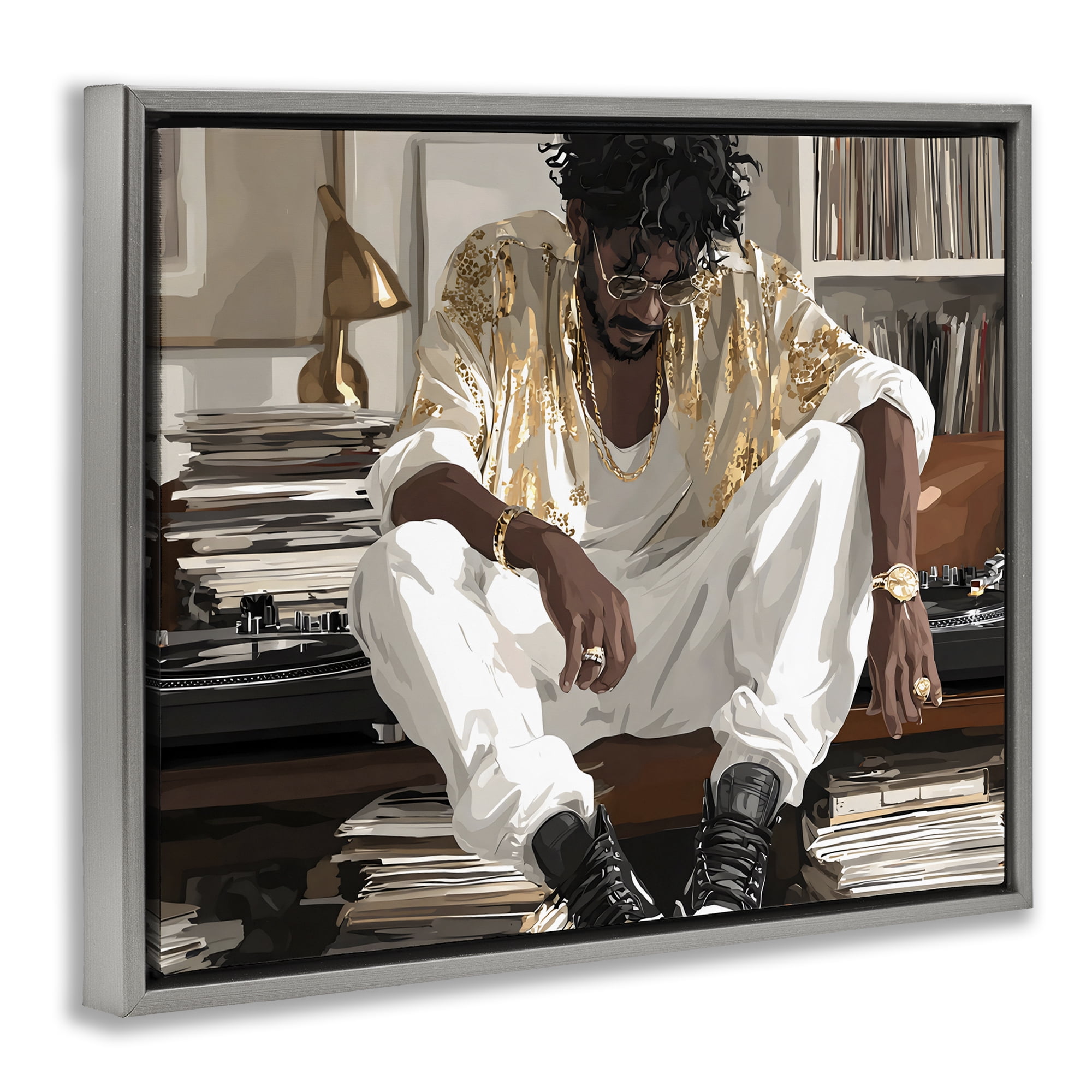Stupell Industries DJ with Record Collection Gray Framed Floater Canvas Wall Art, design by Franklyn Gregory