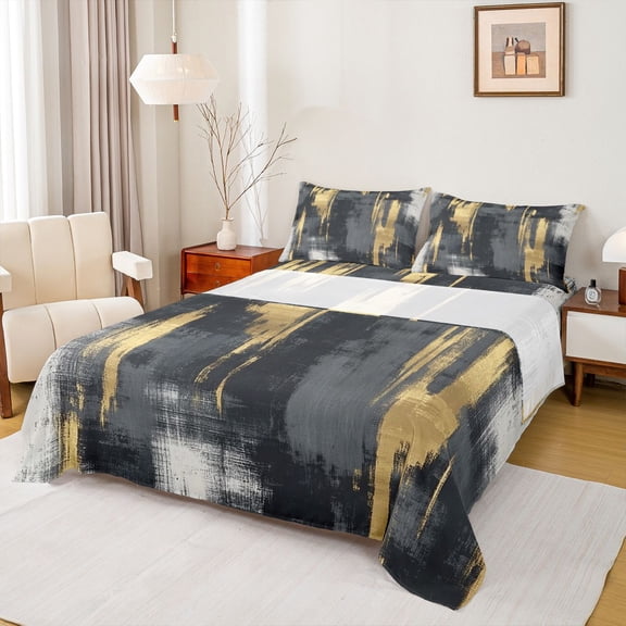 jejeloiu Minimalist Aesthetic Artwork Twin Sheet Sets,Black Gold Graffiti Bedding For Girls Kids 3pcs