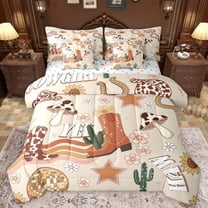 Homewish Retro Cowboy Boots 7-Piece Bedding Comforter Set,Rustic Cow Print King Bedding Sets,Mushroom Cacrus Flower Pattern Bed Sheets For Teens,Super Cozy Room Decor Reversible