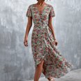 thumbnail image 2 of Vestido cruzado floral para mujer, cuello en V, cintura, cinturón, manga con volantes, dobladillo asimétrico, vestido largo de verano, azul, rosa, L, 2 of 6