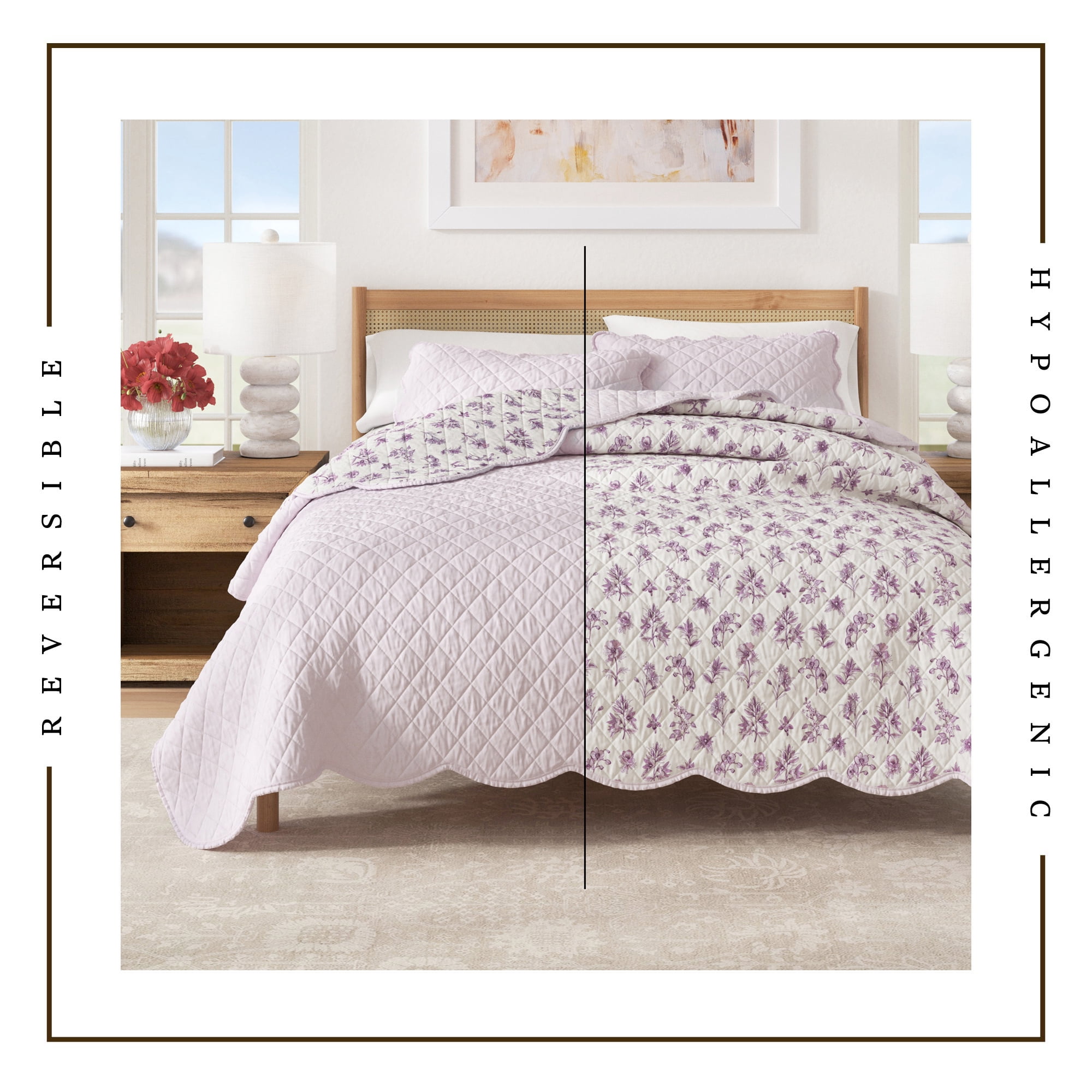 Great Bay Home Reversible Printed Floral Twin / Twin XL Scalloped Quilt and Sham Set