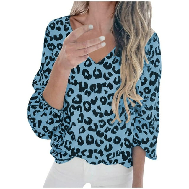 Birdeem T-Shirt à Manches Longues Lanterne à Imprimé Léopard à Col en V pour Femmes, Blouse Décontractée Populaire