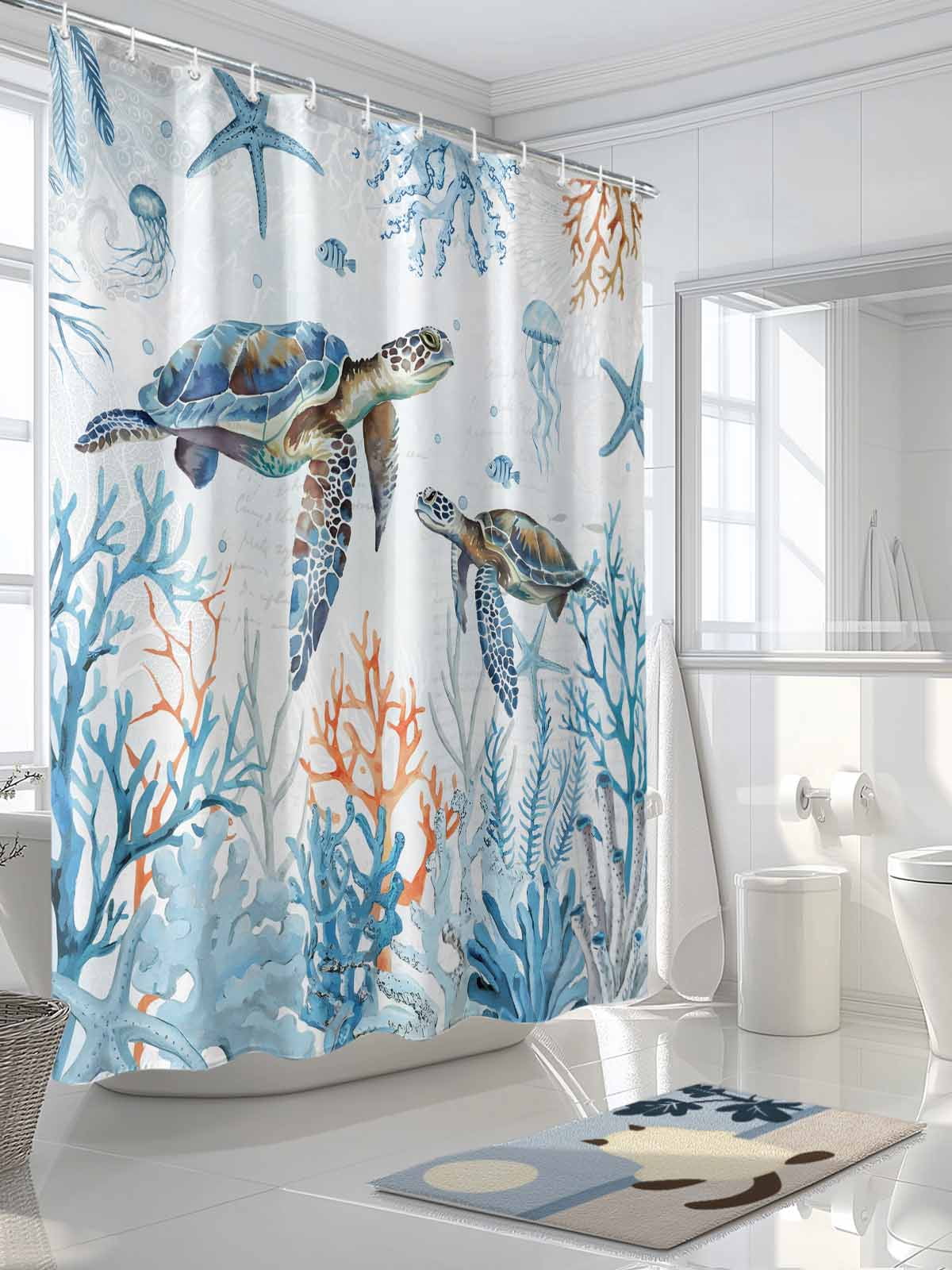 Ocean Turtle Standard Shower Curtain Set, Waterproof Shower Curtains for Bathroom, Blue Coastal Coral Starfish Seagrass Washable Fabric Cloth Bath Curtain for Bathtub with Hooks 72x72 Inches