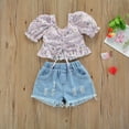 thumbnail image 2 of Bagilaanoe 2pcs Little Girl Short Pants Set Short Sleeve Floral Print Ruffle Shirt Tops + Denim Shorts 1T 2T 3T 4T 5T 6T 7T Kids Casual Summer Outfits, 2 of 7