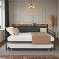 thumbnail image 3 of Tcbosik Twin Size Daybed with Trundle, Charging Station and LED Lights, Modern Sofa Bed with Upholstered Headboard for Living Room, Guest Room, Bedroom, Metal Slats Support, Black+Grey, 3 of 6