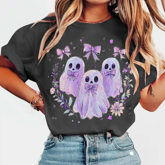 Karight Womens Fall Shirt Crew Neck Funny Ghost Graphic Tees Short Sleeve Thanksgiving Tops