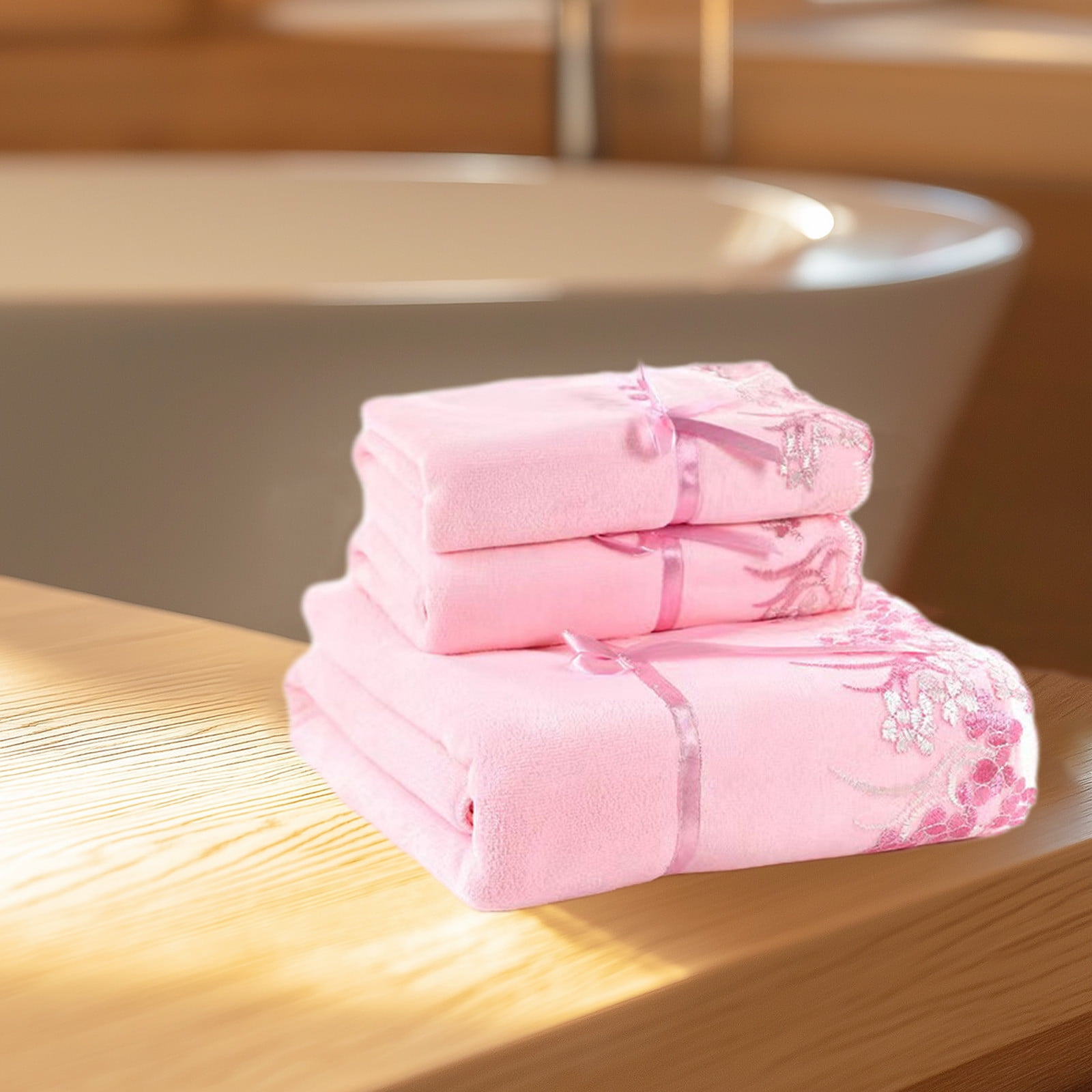 Decorative Bath Towels - 3 Piece Pink Embroidered Towel Set with Lace Trim, Soft and Absorbent for a Stylish Bathroom