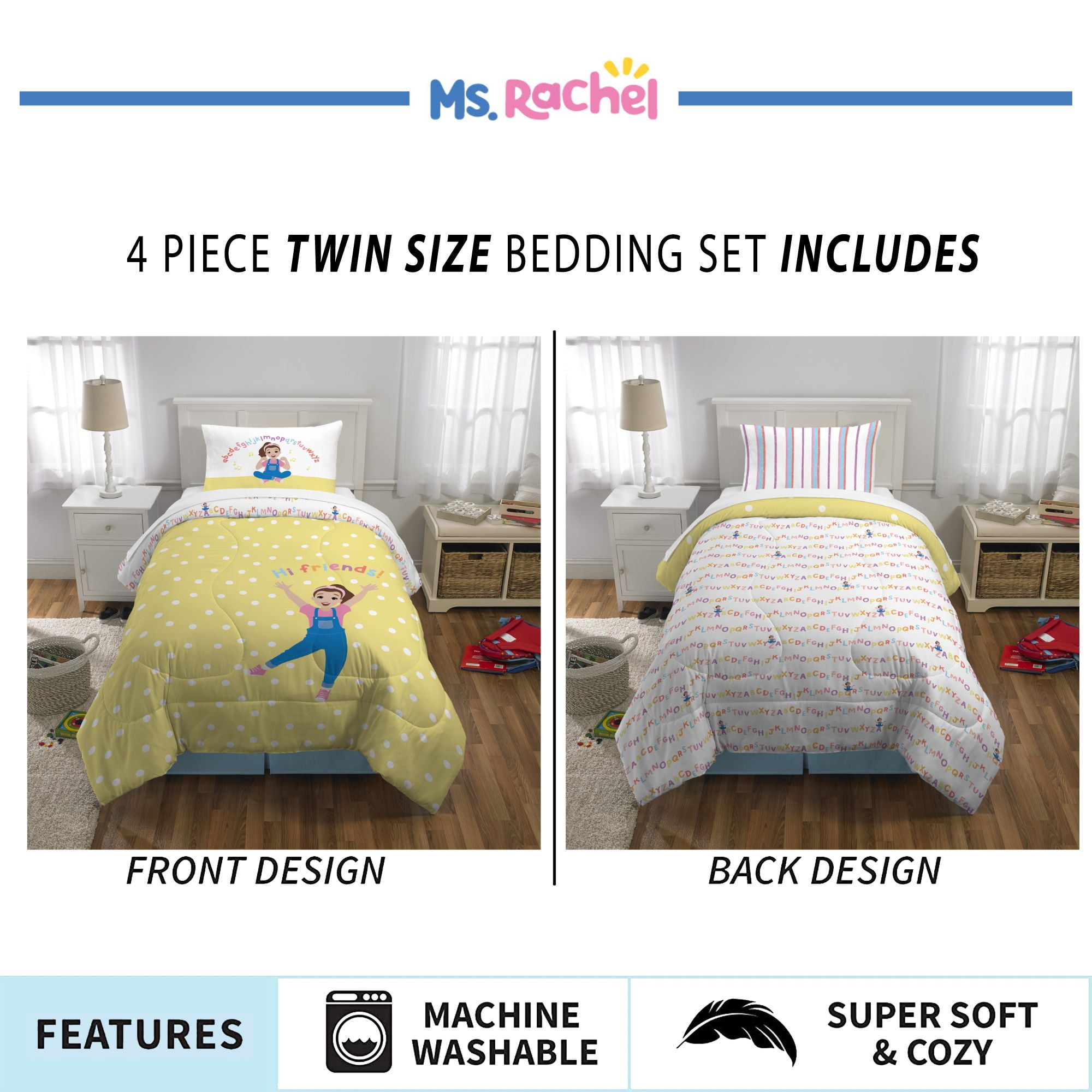 Ms. Rachel Kids 4 Piece Yellow White Polka Dot Reversible Comforter, Bed in a Bag, Twin