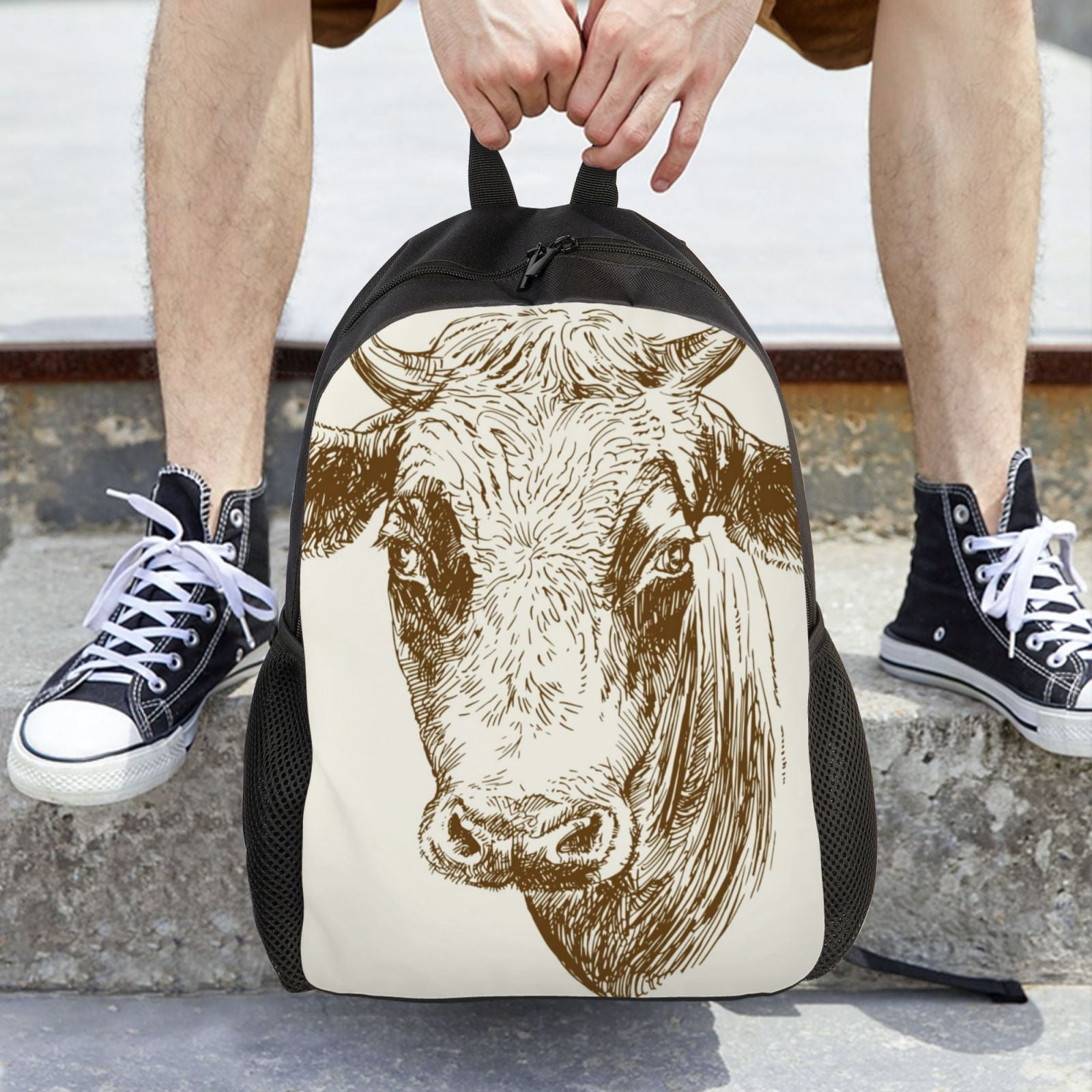 Xecao Cow Print School Backpack with Laptop Compartment Small Travel Laptop Backpack for Women Men Waterproof College Backpack Simple School Bag