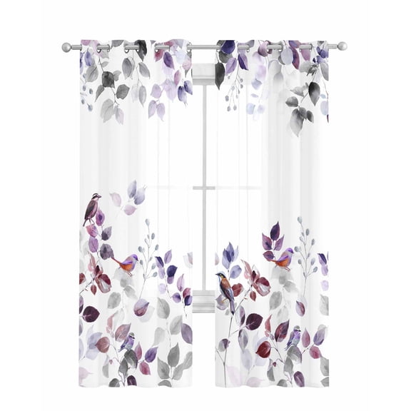 Purple Grey Leaves Sheer Curtains 63 Inch Length 2 Panels Set for Living Room/Bedroom, Summer Botanical Pastoral Watercolor Kitchen Curtains Grommet Semi-Sheer Curtains Window Treatments 42"x63"x2