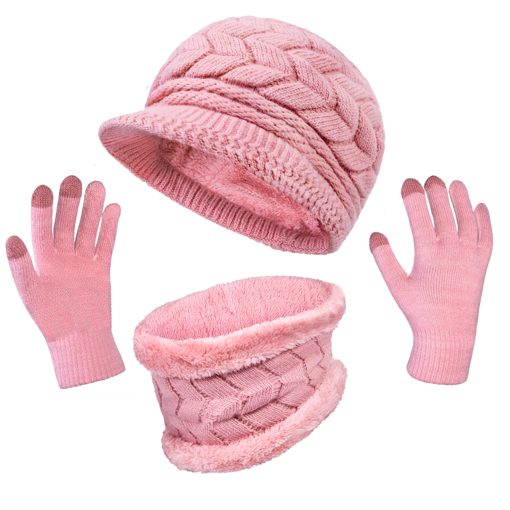 Senker 3 Pieces Winter Hat Gloves Scarf Set, Knit Beanie Neck Warmer