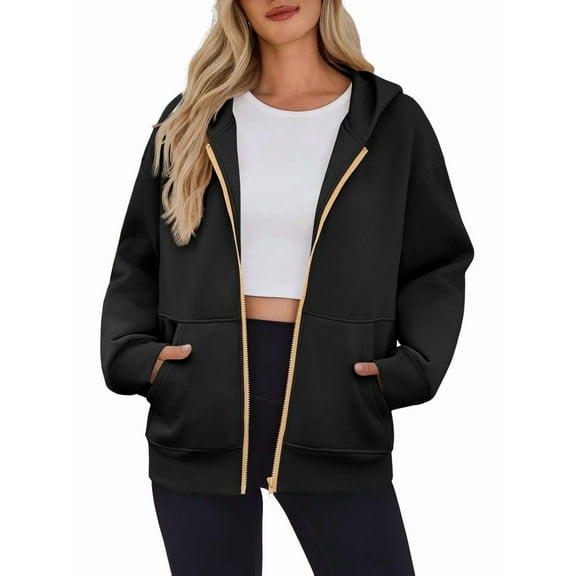 Hoodies for Women Sweatshirt Zip Up Hoodie Fall Fashion Trendy Long Sleeve Jackets Winter Clothing Outfits Black XL