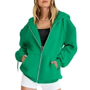 Dyfzdhu Zip up Hoodie for Women Fall Oversized Sweatshirt With Pocket Casual Drawstring Solid Color Long Sleeve Jacket Green