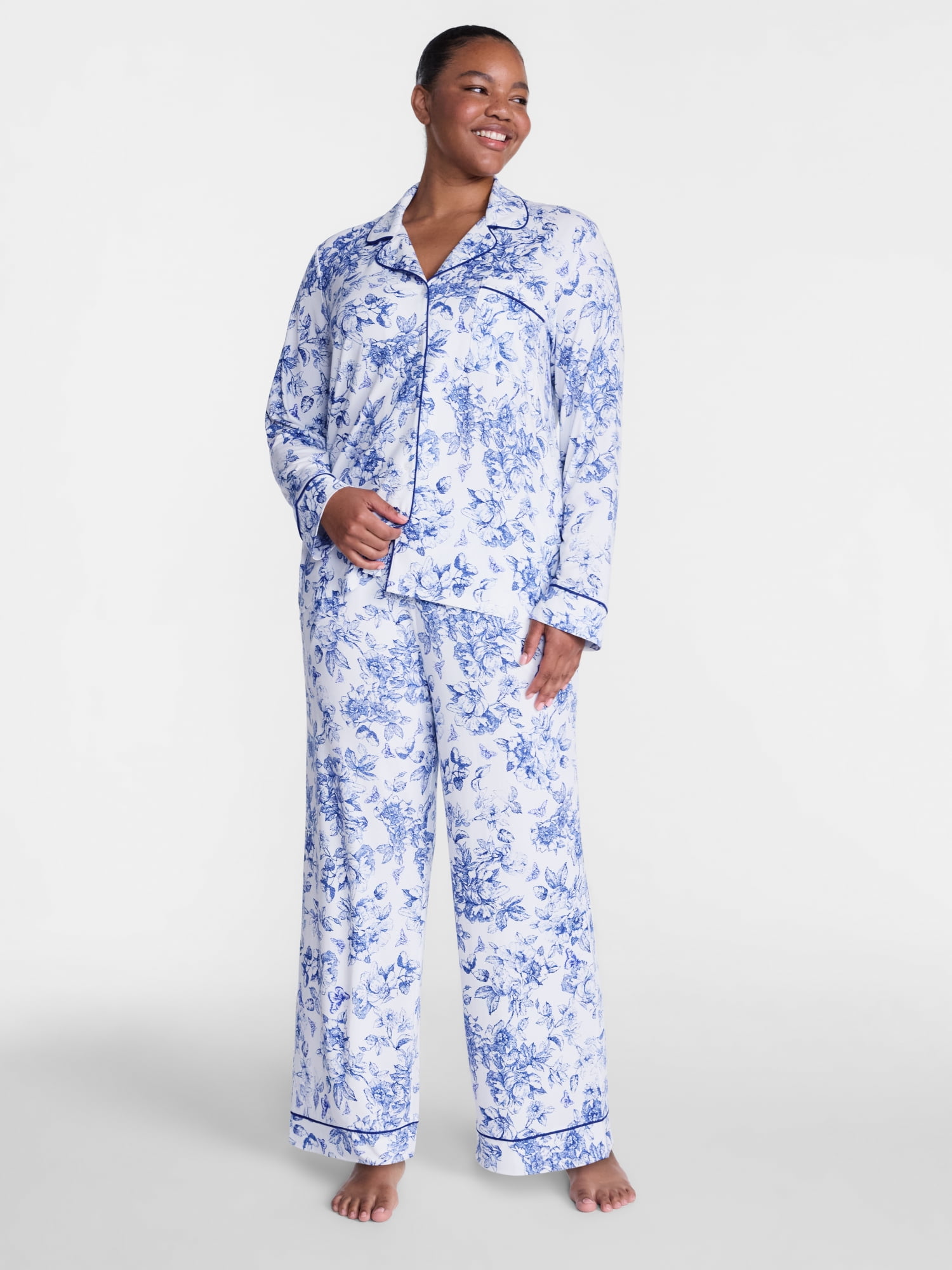 Joyspun Women’s Dreamy Soft Collection Notch Collar Top and Pants, 2-Piece Pajama Set, Sizes XS-3X