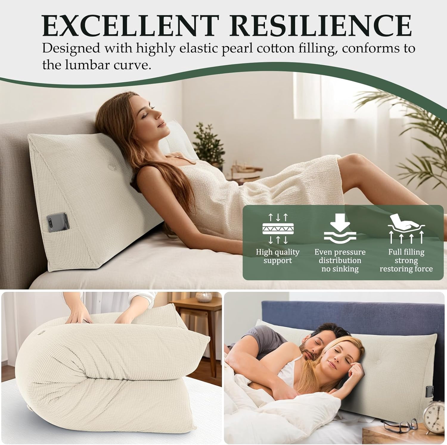Soft Headboard Pillow Full Size, Wall Backrest Wedge Pillow Headboard Full, Reading Backboard Pillows, Large Dorm Daybed Bolster Pillows for Back Support with Removable Cover, Beige