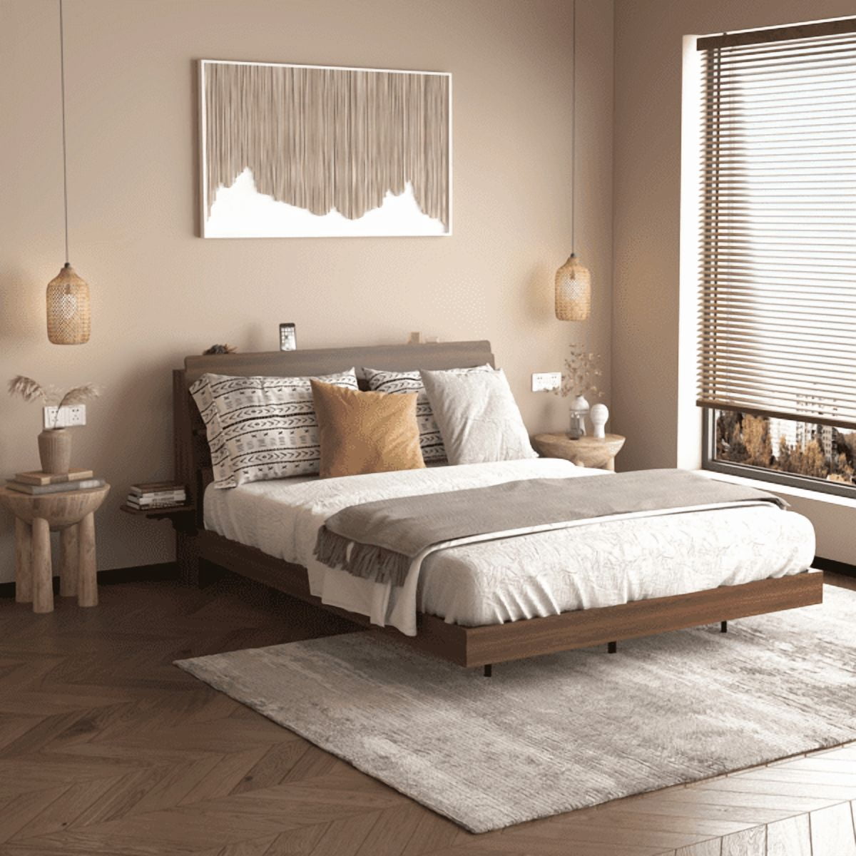 Queen Size Floating Bed Frame with LED Lights and Charging Station, Walnut Wood Platform Bed with Storage Headboard, Modern No Box Spring Needed Bed Base