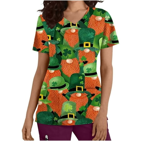 

St Patricks Day Scrub Top Women Green Clover Short Sleeve Scrub Shirts Casual Loose V Neck Nurse Uniform T-Shirt