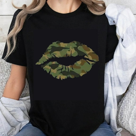 100% Cotton Camouflage Lips Print Women's T-Shirt Casual Fashion Graphic Tee Top Summer Outfit Streetwear Style