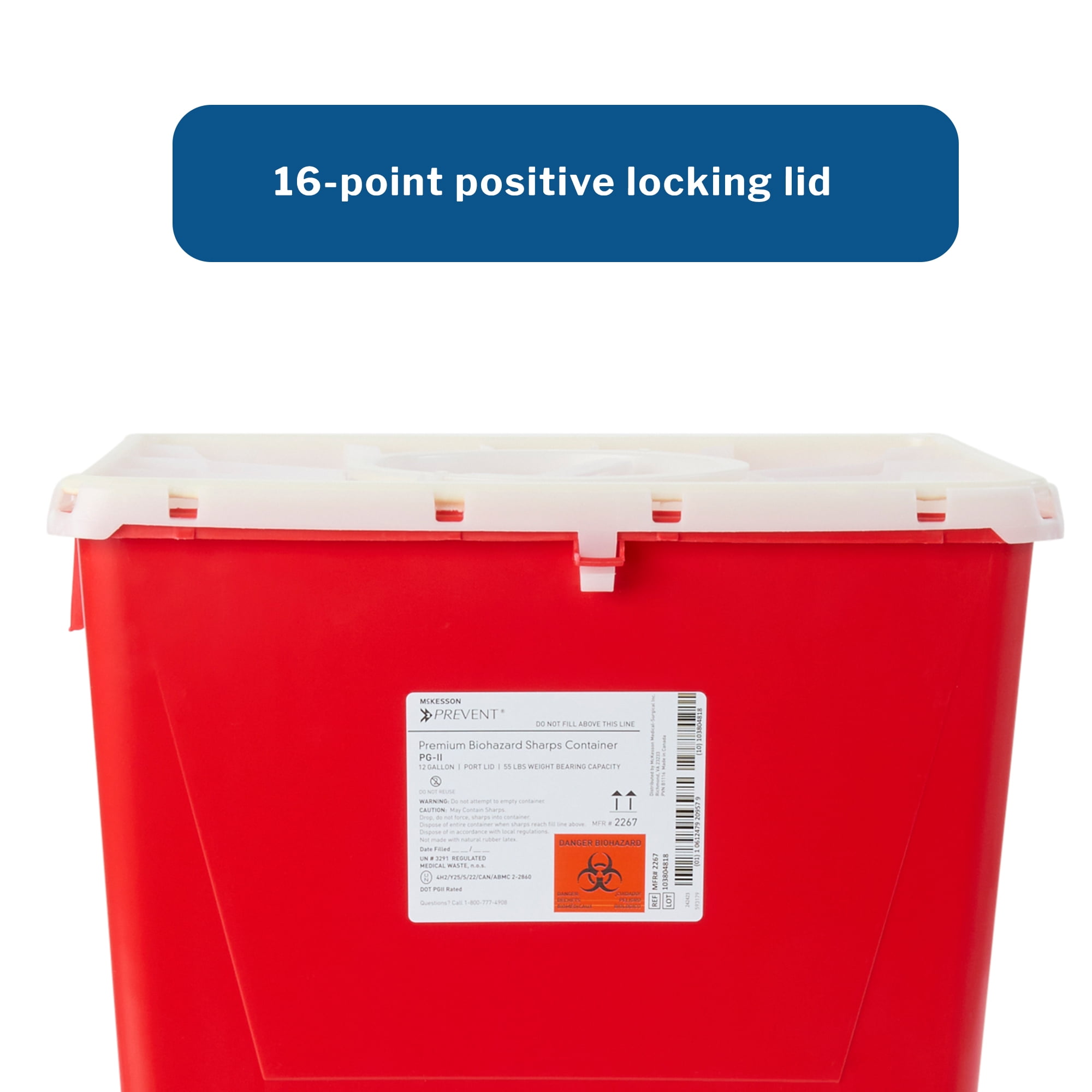 McKesson Prevent Biohazard Sharps Container, Premium - PG-II, Plastic, Vertical Entry, Rotating Lid - Red, 12 gal, 13 in x 17 3/10 in x 20 4/5 in, 1 Ct