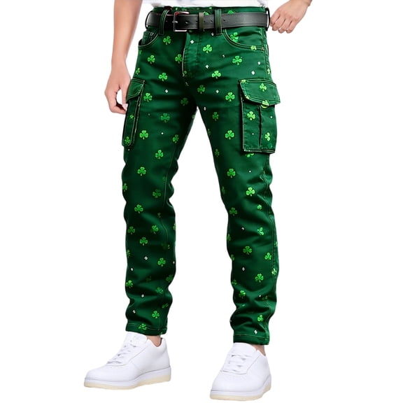CONZONE St. Patrick's Day Mens Baggy Cargo Shorts Green Clover Graphic Buttons Cargo Pants for Men Lightweight Relaxed Fit Streetwear Workout Trousers With Pockets