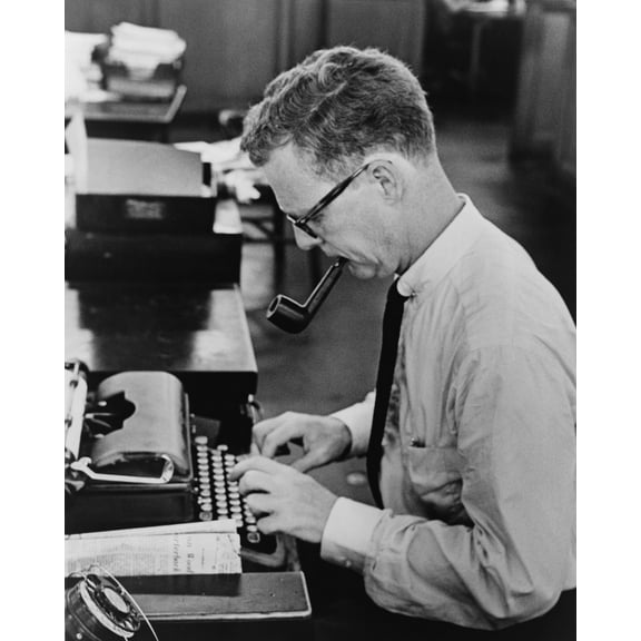 Print: Murray Kempton, Half-Length Portrait, Seated At Typewriter, Facing