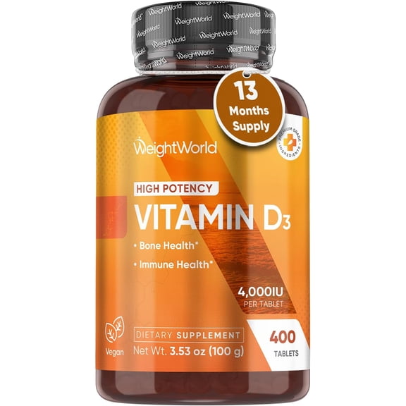 WeightWorld Vitamin D3 4000 IU (100mcg) for Bone Strength, Muscle Health & Immune Support | 400 Days Supply | Vegan D3 Vitamin (Cholecalciferol) from Lichen | 400 VIT D3 Tablets, Non-GMO, Gluten-Free