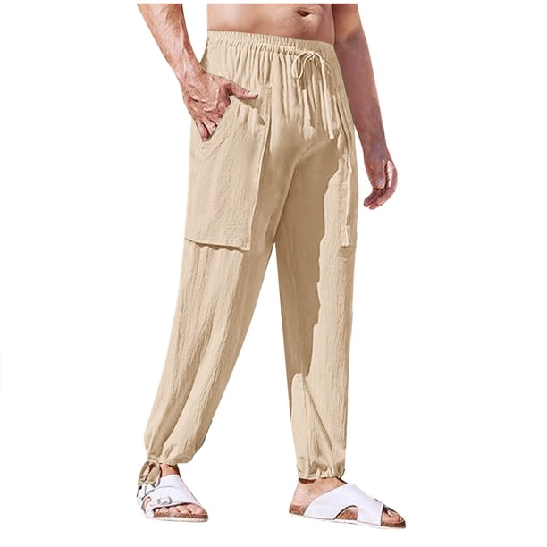 Pantalones largos de trabajo para hombre, pantalones casuales multibolsillos de talla grande, pantalones tobilleros holgados de algodón y lino con cordón ajustable, pantalones de poliéster para hombre