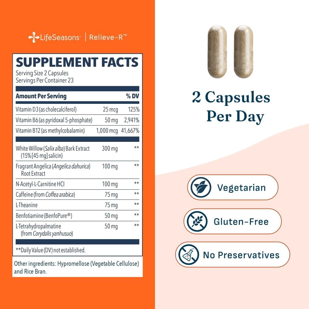 LifeSeasons Relieve-R - Eases Daytime Aches & Discomfort - Relaxes Muscles - Calms The Nervous System - Reduces Irritation - Non-Habit Forming - 46 Capsules