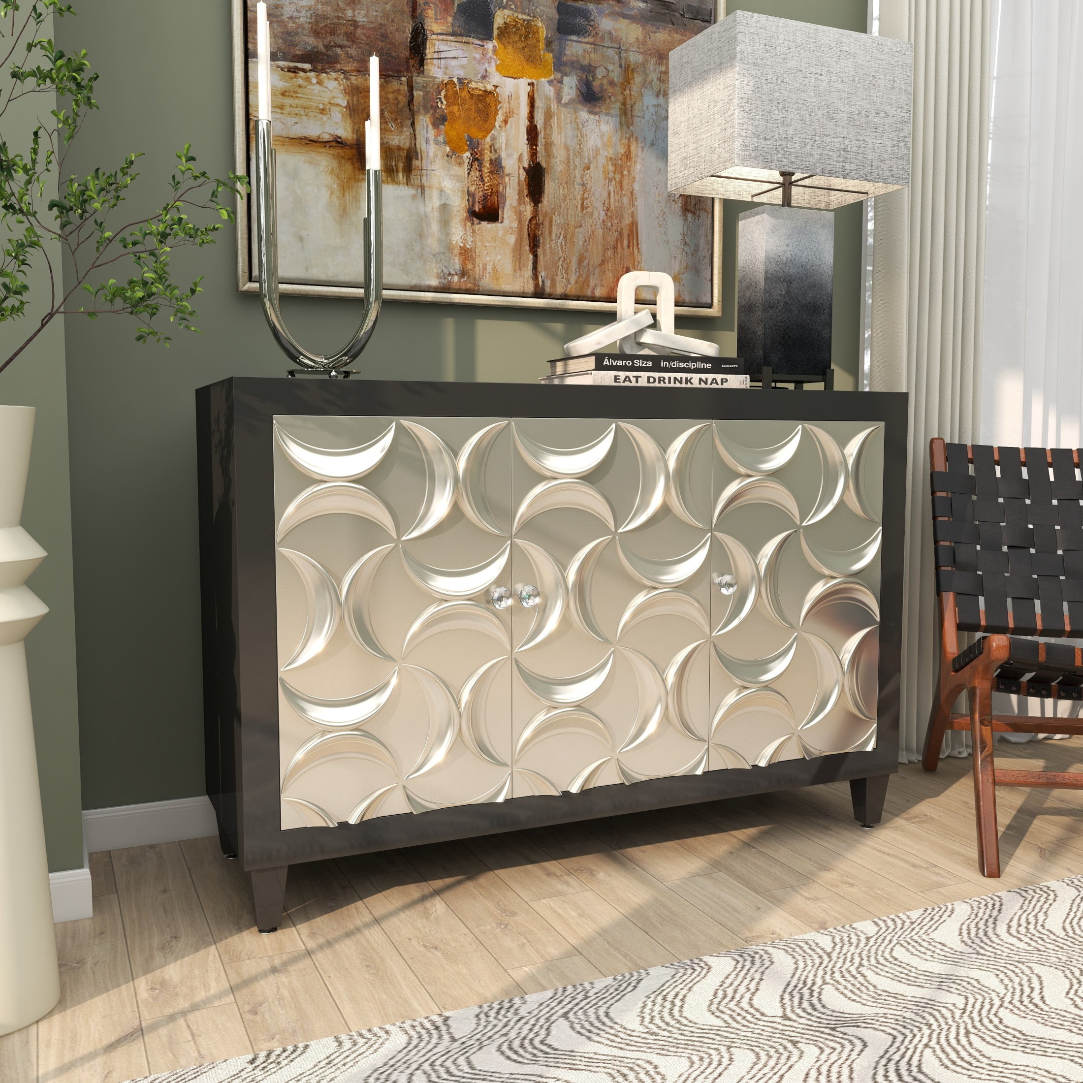 DecMode Modern Wood 3 Door Cabinet with Black/Silver Finish and Crescent Moon Design, 47"W x 32"H