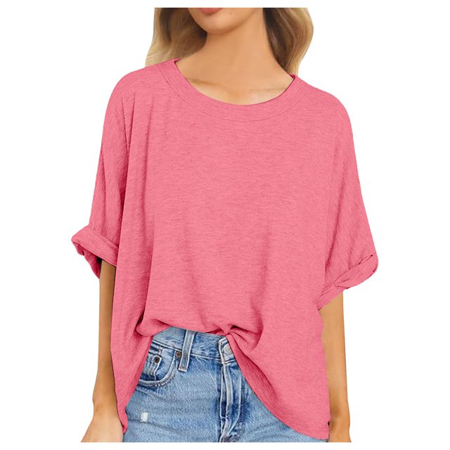 TSADFHJI Hauts de Noël pour Femmes Tunique Habillée Manches Courtes Surdimensionnée Col Rond Été T-Shirt Décontracté en Coton Rouge Melon D\'eau