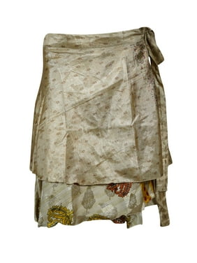 Mogul Women Beige Silk 2 Layer Sari Reversible Mini Printed Wrap Skirts