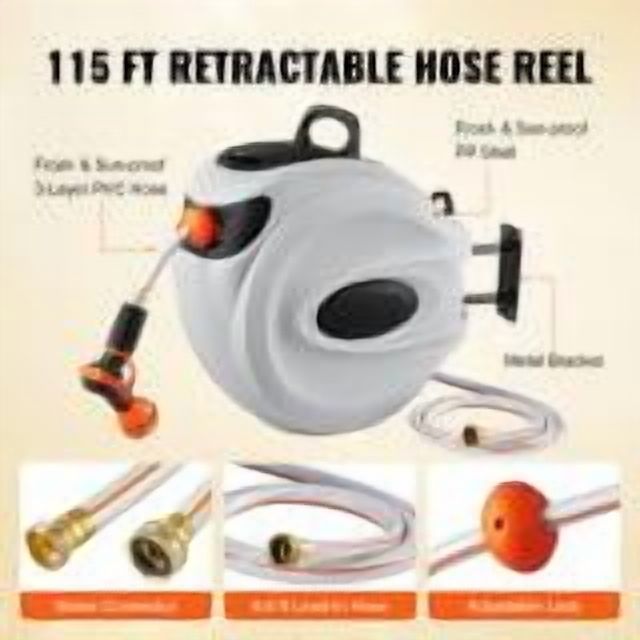 KFFKFF Retractable Hose Reel 115'x1/2" Wall-Mount Hose Reel with 180° Swivel, 9-Setting Nozzle, Auto Rewind, Length Lock, Controlled Retraction